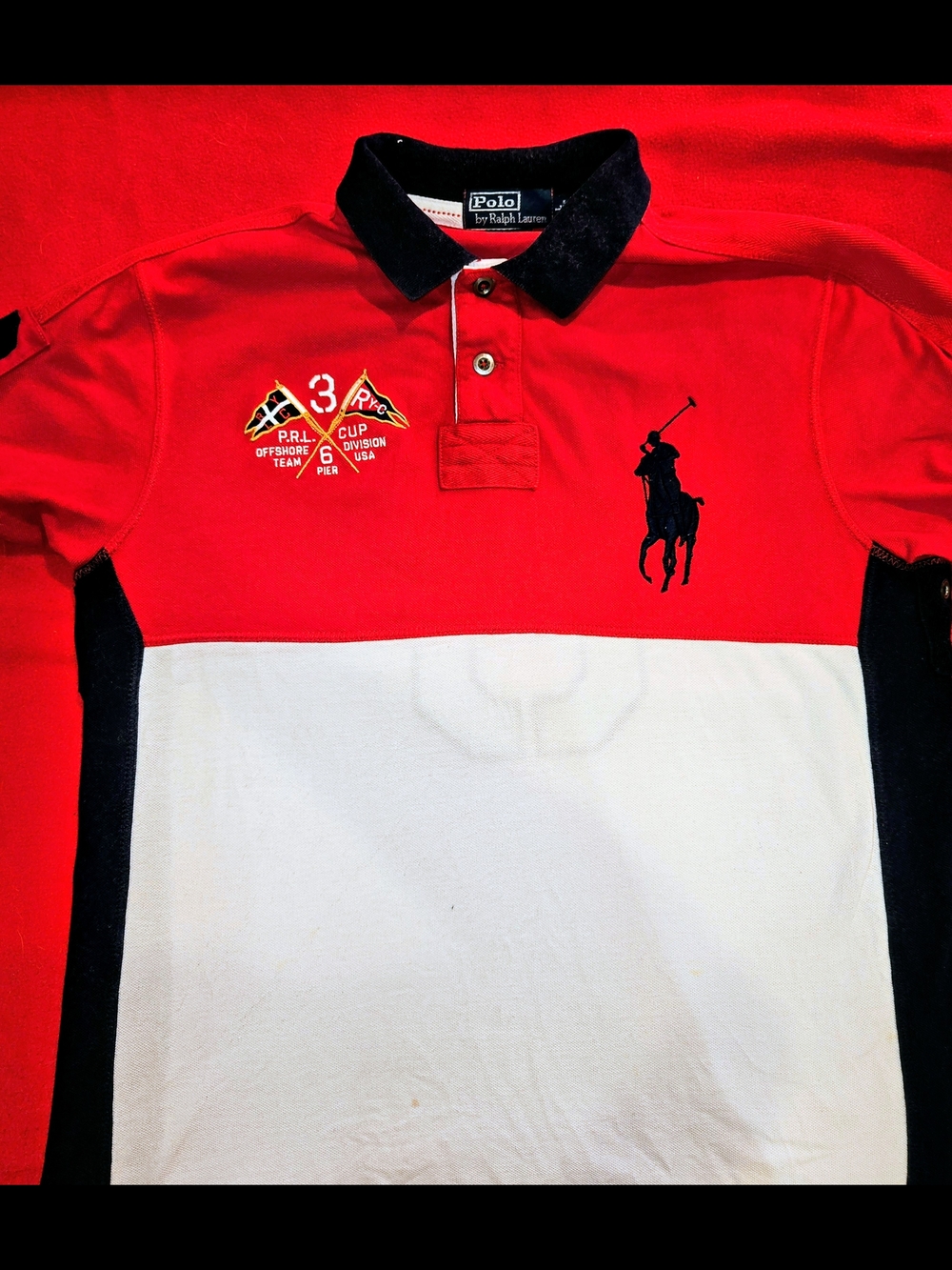 Polo Ralph Lauren Big Pony Polo Shirt Men L Custom Fit USA Flag Rugby Red White